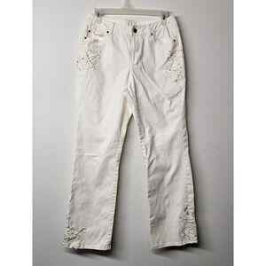 VTG SHARON YOUNG Womens Size 8 10 Embroidered White Jeans Boho Stretch Retro